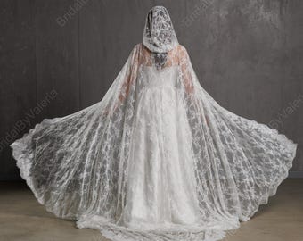 Lace Bridal Cape with Hood, Wedding Cape with Train, Hooded Lace Veil, Romantic Bridal Cover Up