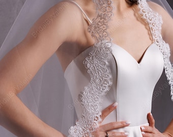 Ivory Floral Lace Mantilla Veil, Simple Trim, Waltz Length