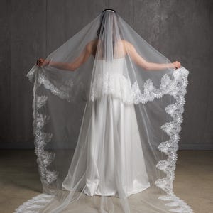 Puede incluir: Un velo de novia blanco con un delicado ribete de encaje. El velo se extiende, mostrando toda su longitud y dise&ntilde;o. La novia lleva un vestido de novia blanco, creando un look nupcial cl&aacute;sico.