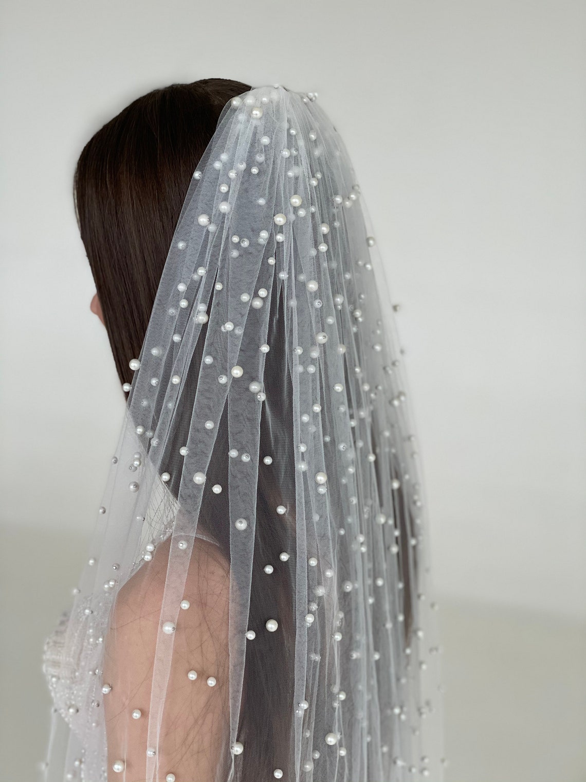 Bridal pearl veil with different size of pearls pearled veil Etsy