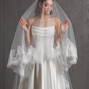 Velo de novia de encaje Chantilly: Velo nupcial catedral de dos capas - Marfil claro imagen 1
