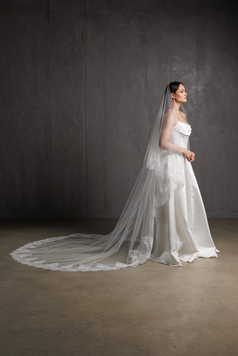 Puede incluir: Un vestido de novia blanco con una larga cola y un velo a juego. El vestido presenta un corpi&ntilde;o sin tirantes y una falda fluida. El velo est&aacute; adornado con encaje delicado. El estilo general es elegante y cl&aacute;sico.