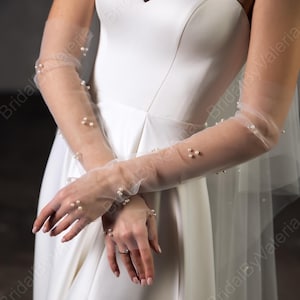 Pearl Fingerless Gloves, Long Wedding Gloves, Bridal Gloves, Tulle Sheer Fingerless Sleeve,Bridal Pearl Sleeves, Wedding Mittens