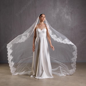 Lace trim Cathedral Mantilla Wedding veil Spanish mantilla Lace  bridal veil one layered One tiers Veil Catholic Wedding Long bridal veil
