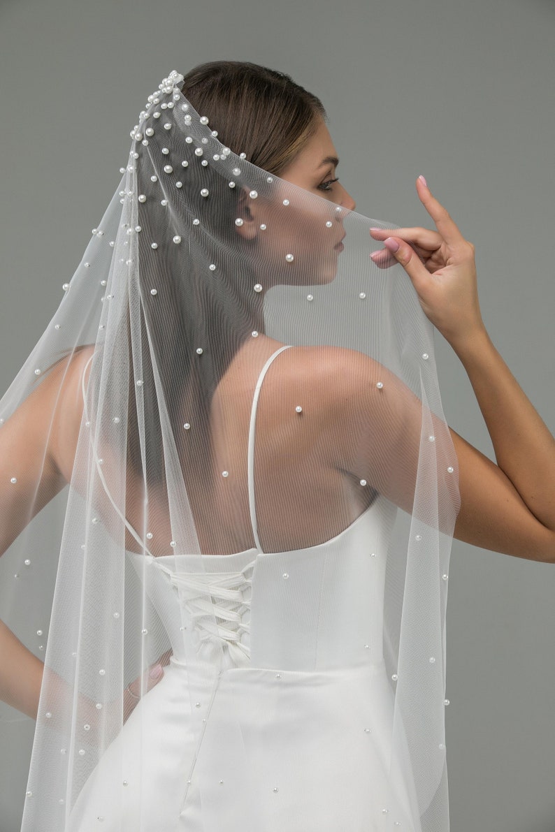 Cascading Pearl Veil with, scattered pearls concentrated at the top of veil, Elegant cathedral bridal veil, cascade fingertips pearl veil image 1