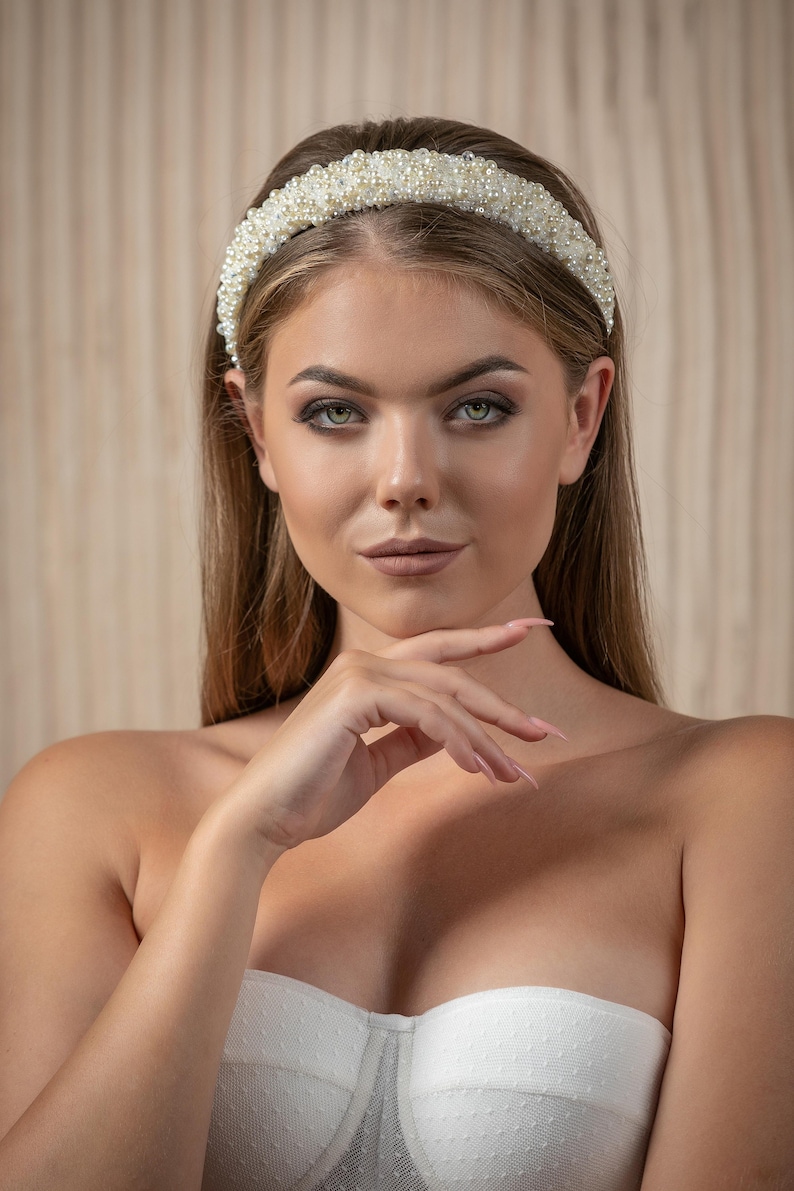 Pearl bridal headband, wide wedding hair piece, ivory white blush headpiece, crystal bridal shower hair piece, Wedding pearls headband image 3