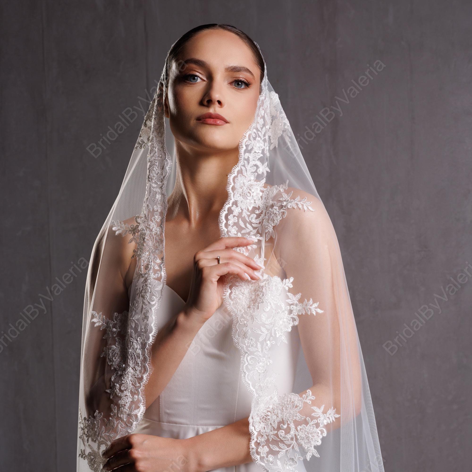 Sleek medium length white veil with beaded trim Lace Chapel Veil | Wedding Dresses, Veils, and Capes | Grace  main image 4