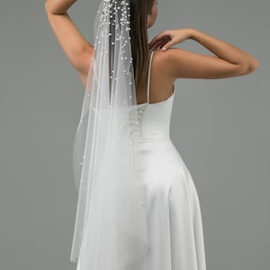 Cascading Pearl Veil with, scattered pearls concentrated at the top of veil, Elegant cathedral bridal veil, cascade fingertips pearl veil image 3