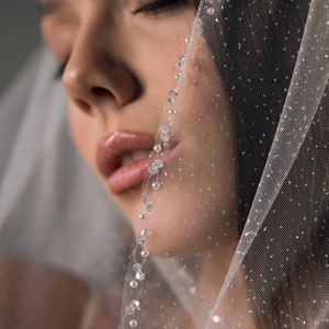 Cathedral sparkle Glitter beaded edging veil, Sparkle tulle bridal veil with beaded edge, Cathedral shimmer Pearl veil, long sparkling veil image 3