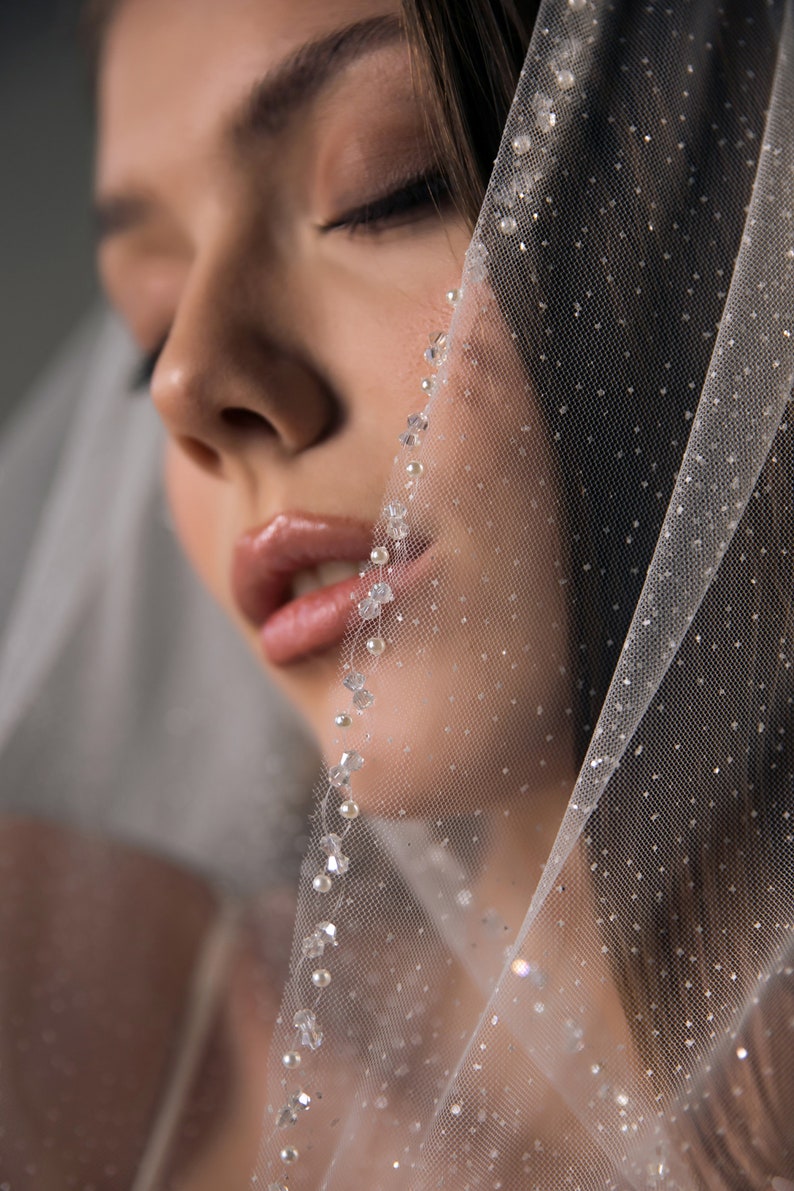 Cathedral sparkle Glitter beaded edging veil, Sparkle tulle bridal veil with beaded edge, Cathedral shimmer Pearl veil, long sparkling veil image 3