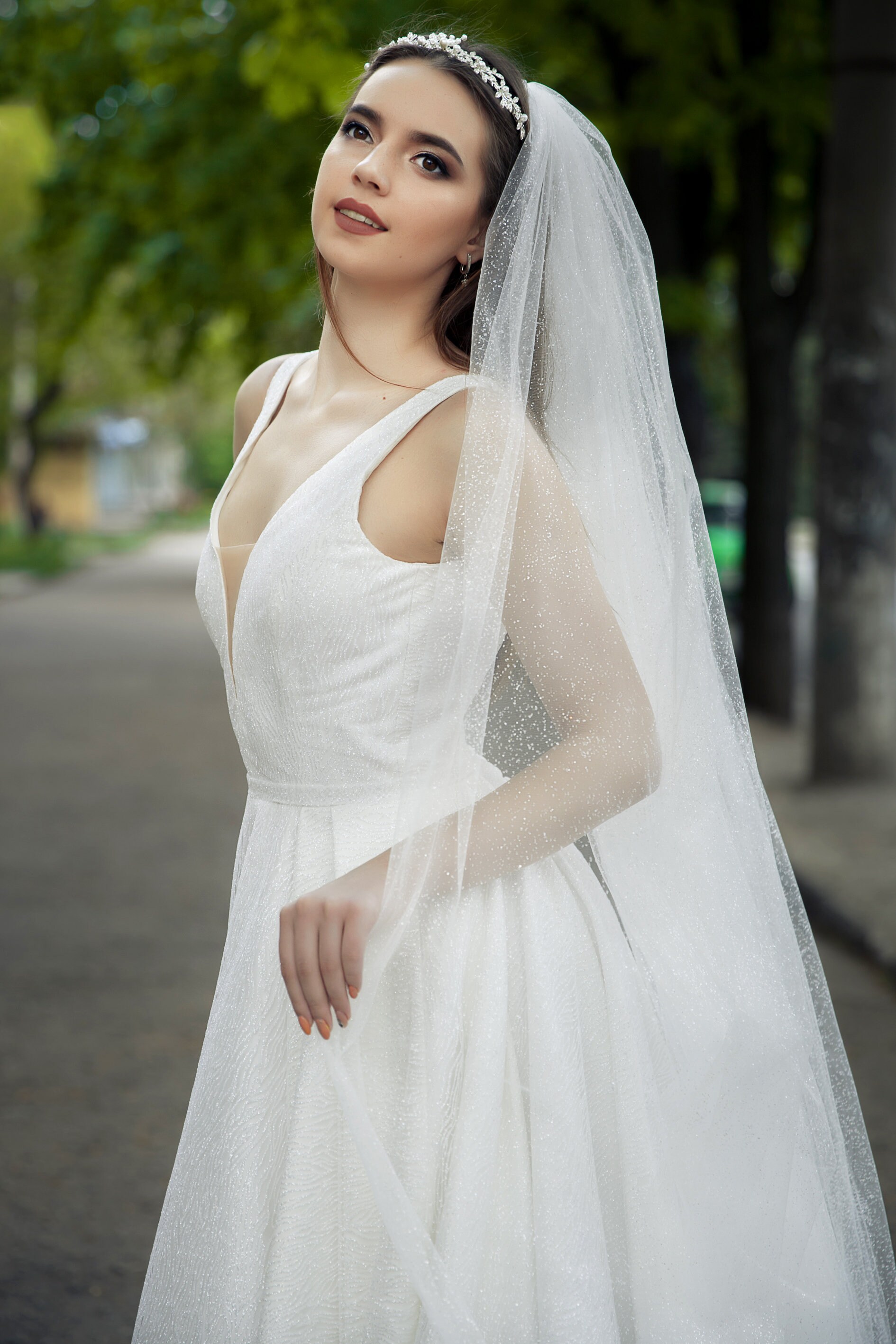 One Blushing Bride Pearl Cathedral Length Wedding Veil with Scattered Beading White / 1 Layer Veil