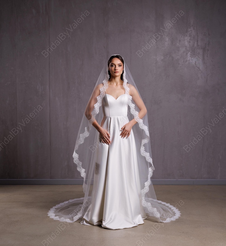 May include: A white bridal veil with a lace trim. The veil is long and flowing, and it is worn by a woman in a white wedding dress.