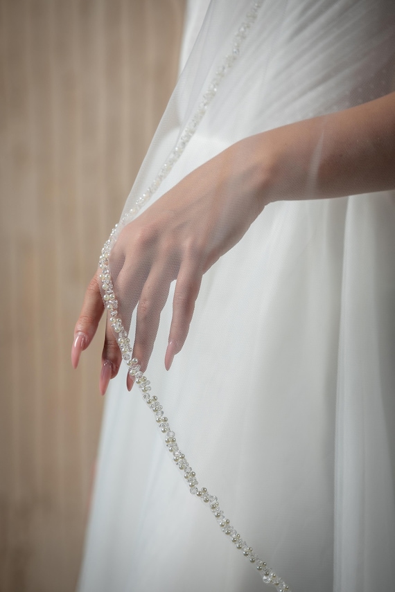 Two Layer Beaded Pearl and Rhinestone Fingertip Wedding Veil