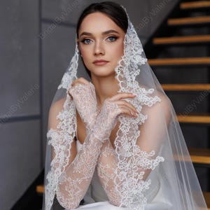 Mantilla lace Wedding veil Cathedral Spanish mantilla Lace trim bridal veil one layered One tiers Veil Catholic Wedding Long bridal veil