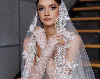 Cathedral Mantilla Wedding Veil, Spanish Lace Trim, Light Ivory