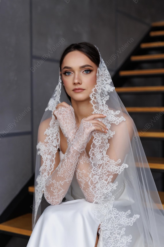 Cathedral Mantilla Wedding Veil, Spanish Lace Trim, Light 