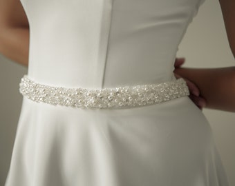 Pearl sash wedding belt, ivory bridal belt with pearls and crystals, 1” width full waist handmade wedding belt, wedding dress belt