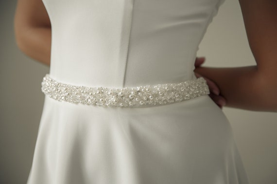 Pearl Sash Wedding Belt, Ivory Bridal Belt With Pearls and