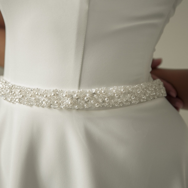 Pearl sash wedding belt, ivory bridal belt with pearls and crystals, 1” width full waist handmade wedding belt, wedding dress belt
