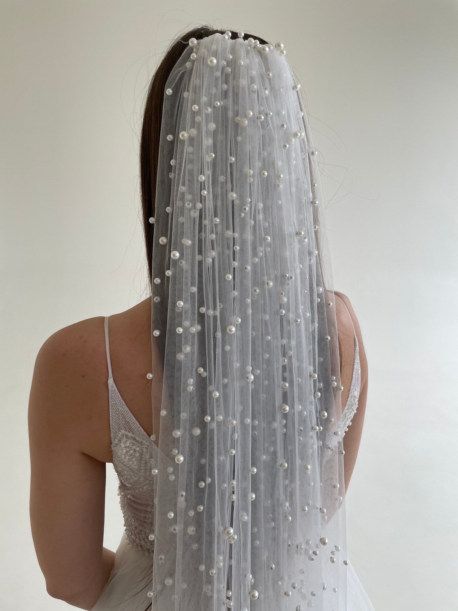 Bridal pearl veil with different size of pearls pearled veil Etsy