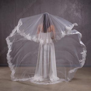 Super long Cathedral Wedding veil Lace wedding veil Lace trim bridal veil 2 tires Fingertip double tiers Veil Ivory Wedding Veil bridal veil