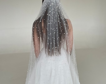 Bridal pearl veil with different size of pearls, pearled veil, wedding veil with pearls
