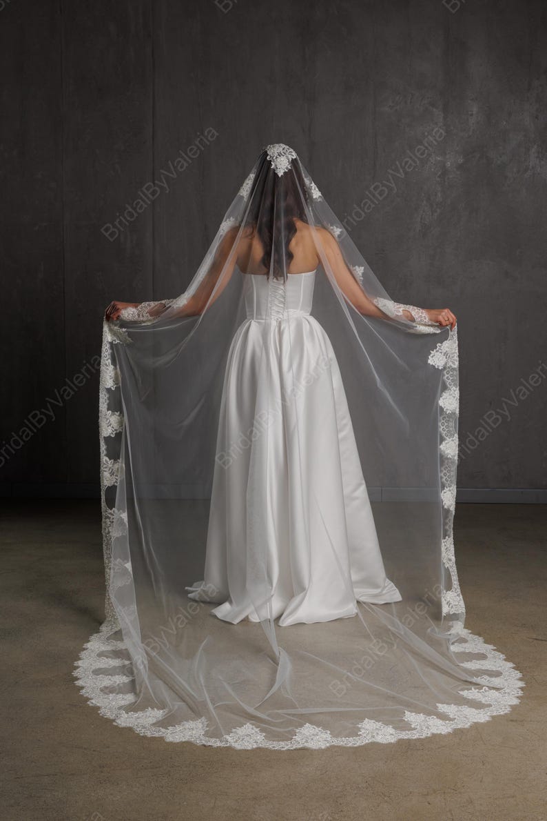 Beaded Lace Mantilla Cathedral Wedding Veil: Spanish Lace Trim image 9