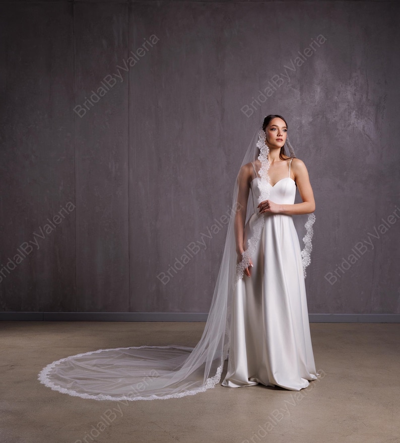 May include: A white wedding veil with a lace trim. The veil is long and flowing, and it is worn by a person in a white wedding dress.