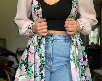 Vintage floral button up blouse dress sheer puffy sleeves