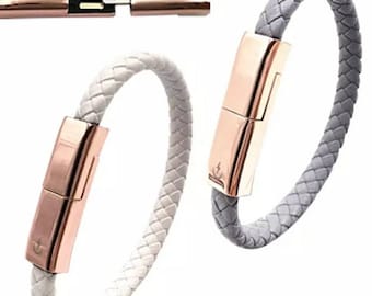 Ladie's White Leather Bracelet Cable with Rose Gold Connector USB Charger Data Cable for Mobile Phone Samsung, wrist size 20cm