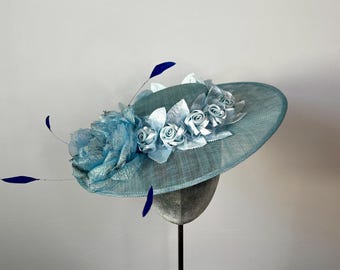 Kentucky Derby Blue Sinamay Hat with fabric flowers.