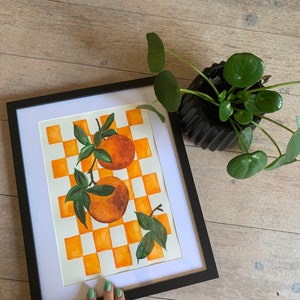 Orange Schachbrett Druck Malerei - Karo Kunst, Aquarell, Schachbrett Interieur