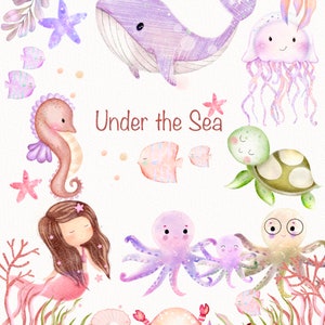 水彩クリップアート、海中、水中、タツノオトシゴ、魚、人魚、海、水族館、ベビーシャワー、保育園、ステッカー。
