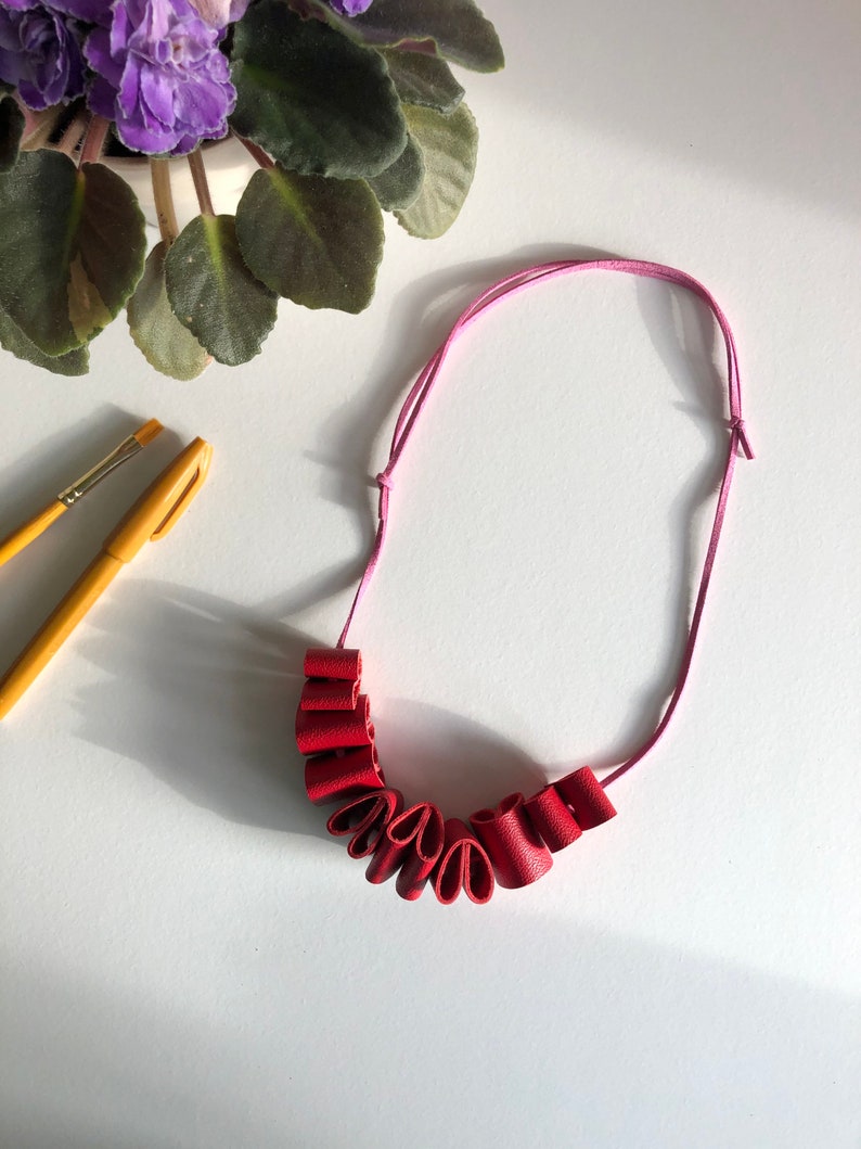 Unique handmade Multi-way upcycled leather necklace. minimalist statement pastel short long jewellery 100% genuine leather. Red with pink