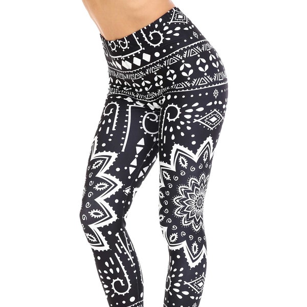 Black Tribal Mandala Leggings by USA Fashion™, Creamy Soft Leggings® Collection, Tribal, Black and White, Digital Laser Print, 200 GSM