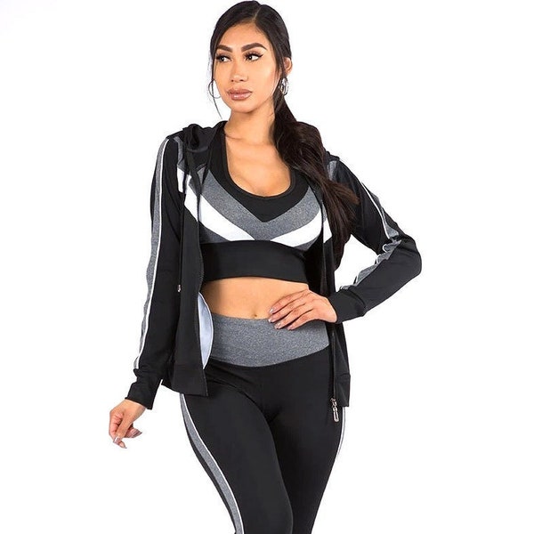 Tri Color 3 Piece Leggings Crop Top and Hoodie Jacket Set, Sports Bra, Workout, Activewear, Color Block, High Waist Leggings, Fashion Set