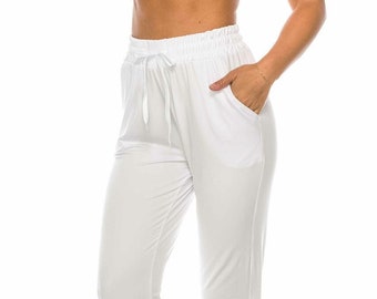 Solid Buttery Smooth Basic White Jogger Pants with Pockets and Drawstring, Basic Sweats, Sweatpants, Relaxed Fit, Comfy - FREE SHIPPING