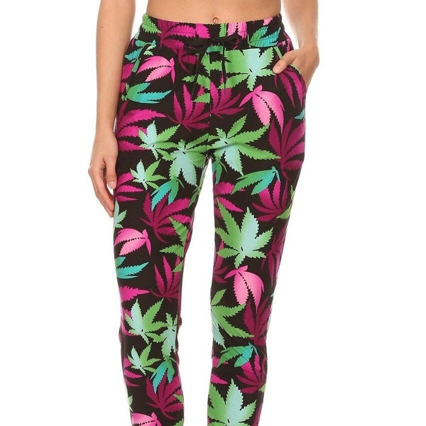 Fuchsia and Green Marijuana Joggers, Buttery Soft Jogger Pants with Pockets and Drawstring, Weed Leaf, Tie Dye, Pot, 420 Fashion, Sweatpants