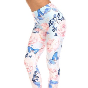 Butterflies and Jumbo Pink Roses Leggings by USA Fashion™, Creamy Soft ...