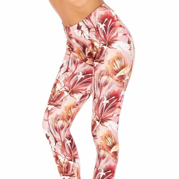 Mocha Floral Leggings par USA Fashion™, Collection Creamy Soft Leggings®, Leggings imprimés de fleurs beiges et roses, 200 g/m²