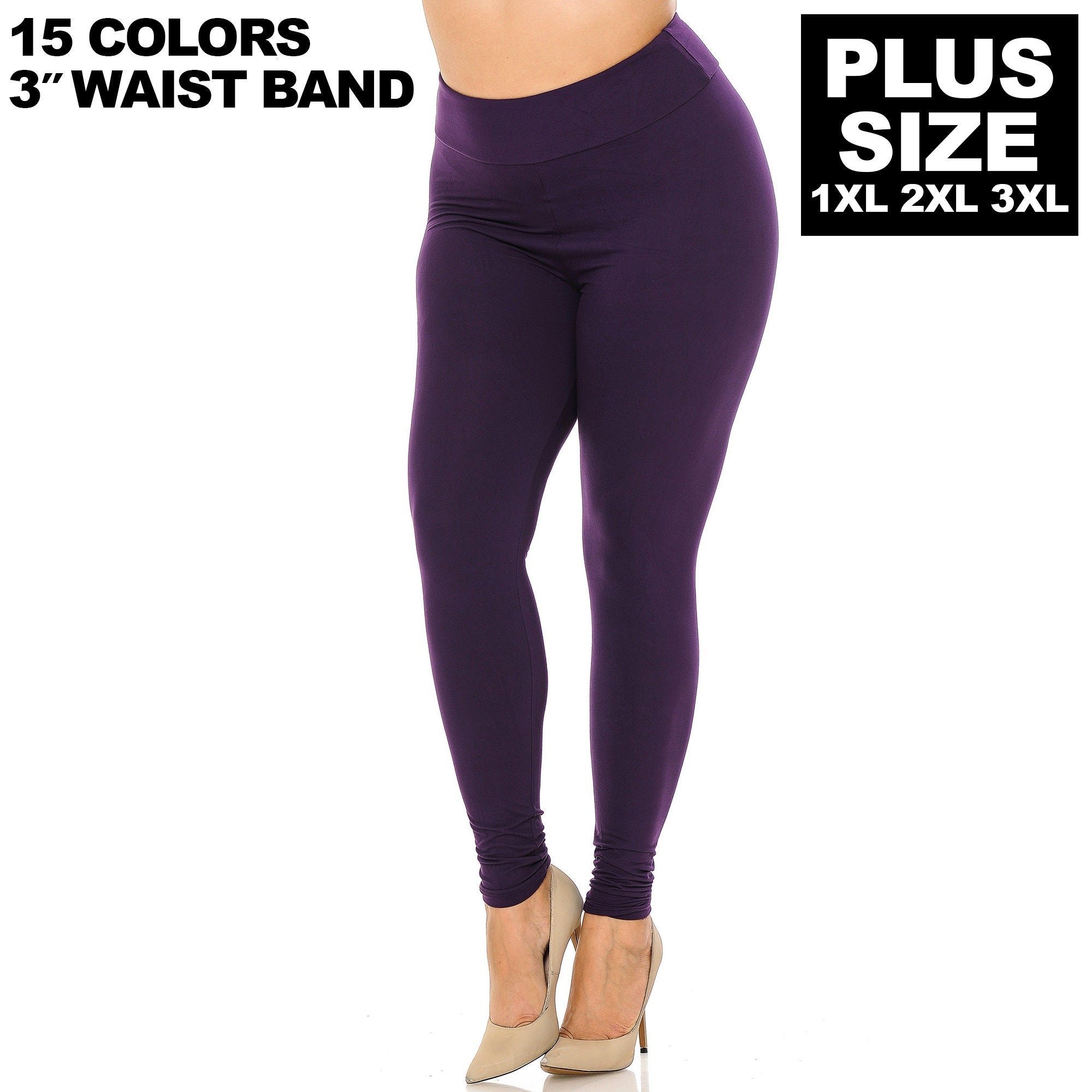 Plus Size Buttery Smooth Solid Basic High Waisted Leggings by EEVEE, 3 Inch  Waist Band, 1XL, 2XL, 3XL 12 Colors FREE SHIPPING 