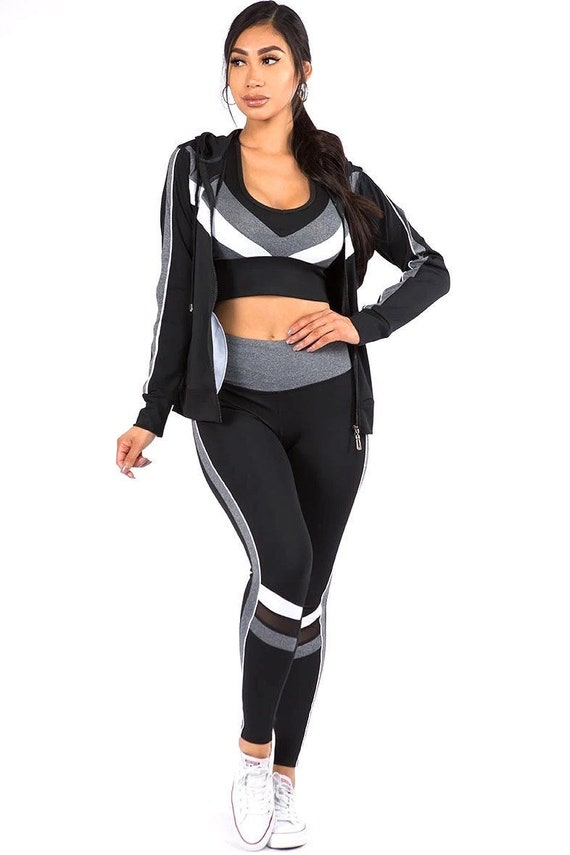 Tri Color 3 Piece Leggings Crop Top and Hoodie Jacket Set, Sports Bra,  Workout, Activewear, Color Block, High Waist Leggings, Fashion Set 