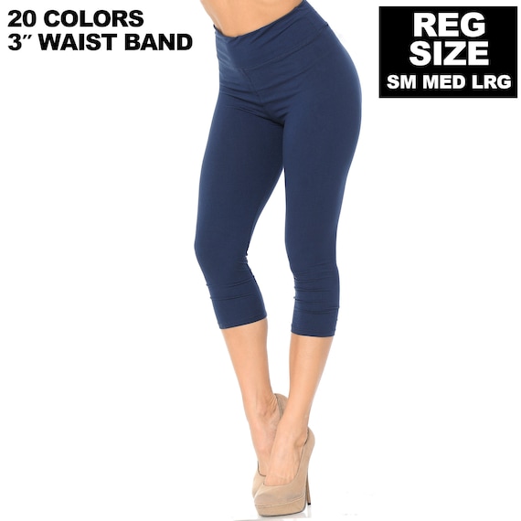 Creamy Soft Basic Solid High Waisted Yoga Capris 3 Inch Waist Band, New Mix  Fits Small, Medium, Large, Cropped Leggings 20 Colors 