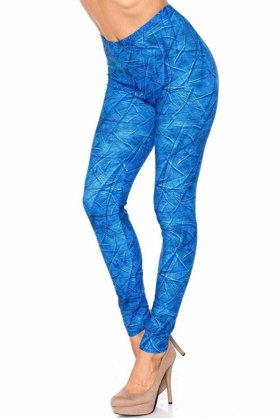 Blue Wrinkled Denim Leggings by USA Fashion Creamy Soft Leggings