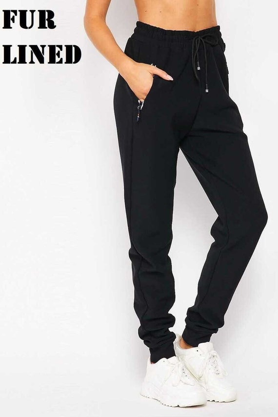 Scuba Solid Fur Lined Jogger Pocket Zipper & Drawstring Warm Jogger Pants  With Tie String Waist, Basics, Black Sweatpants, Comfy 5 Colors -   Canada