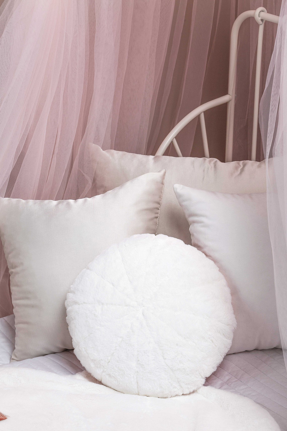 Pink faux fur circle pillow Round soft cushion Accent Etsy