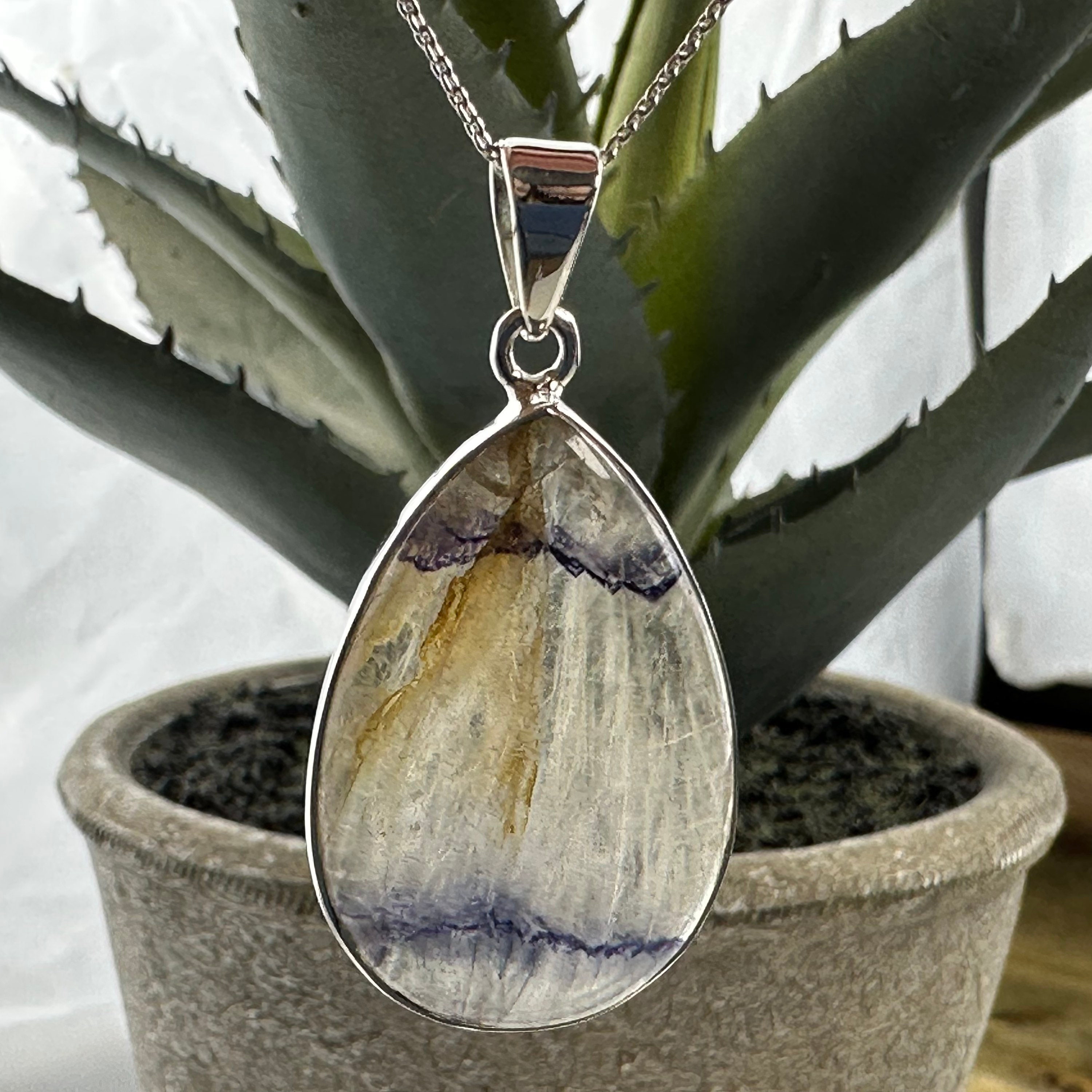 Sterling Silver Whitby Jet Blue John Double Sided Swivel Fob Necklace P209  | Araucaria Jet Jewellers
