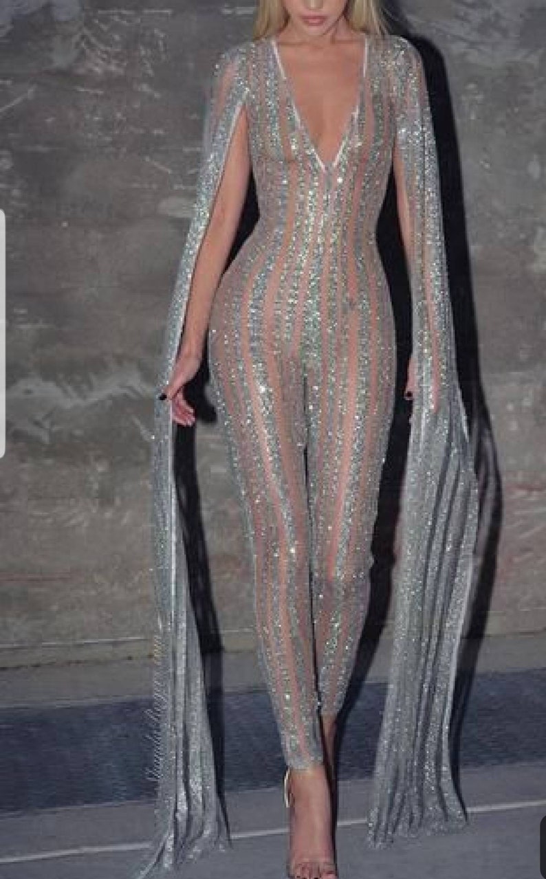Silver sequin prom jumpsuit with cape sleeves / African women | Etsy