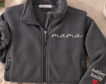 Custom Mama Embroidered Fleece Jacket with Kids Names, Personalized Mom Zip-Up Jacket, Mother Birthday Gift