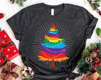 Pride Christmas Tree Shirt, Gay Christmas Gift, LGBT Flag Christmas Tree Shirt, Funny Lesbian Christmas Shirt, Christmas Light Shirts